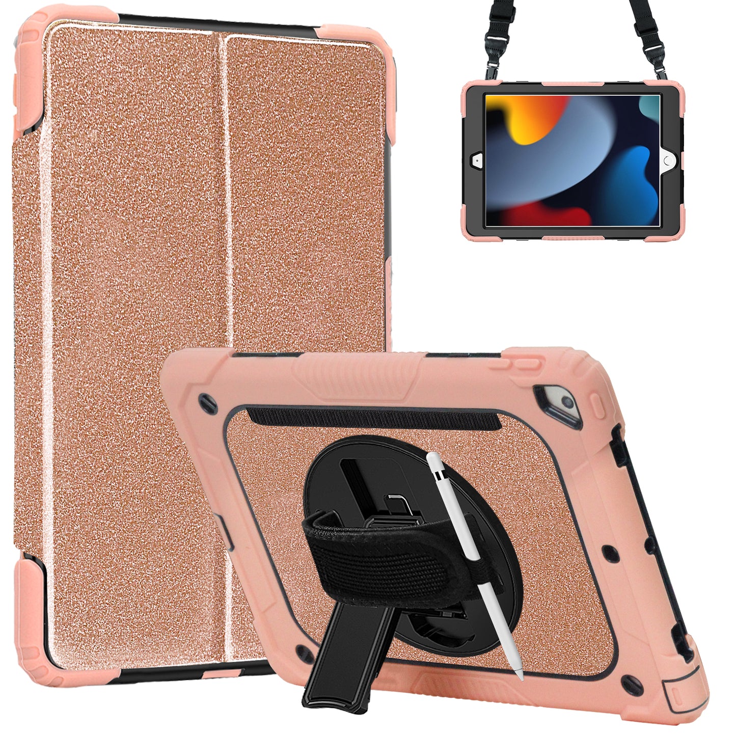 FANSONG iPad 9th 8th 7th Case, Cover for iPad 10.2 inch Kids Glitter with 360° Stand Handle Shoulder Strap Pencil Holder Shockproof Heavy Duty for Apple Tablets iPad 9 2021 8 2020 7 2019