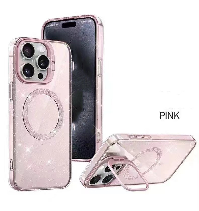 Magnetic Hard Clear Case with glitter and camera stand design case for phone for Iphone 14 PRO MAX 15 PRO MAX