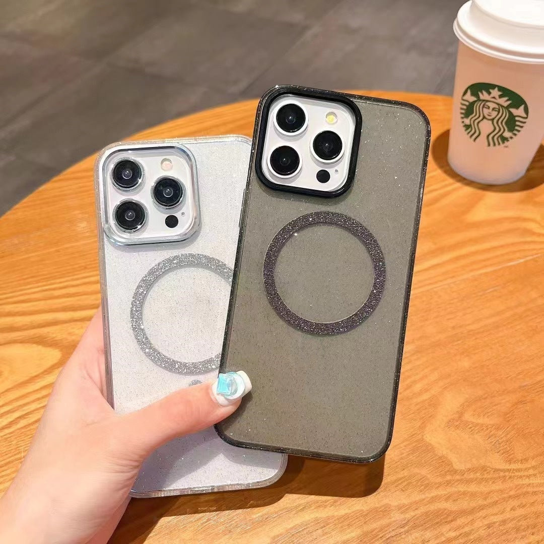 Magnetic Hard Clear Case with glitter and camera stand design case for phone for Iphone 14 PRO MAX 15 PRO MAX