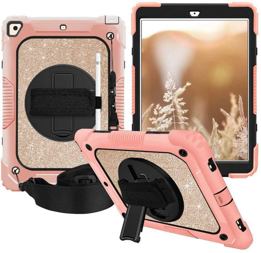 iPad 10.2 2019 Case, Shockproof Heavy Duty Protective Rugged Case with Strap for iPad 7th Generation 2019 10.2 inch (Glitter Rose Gold)