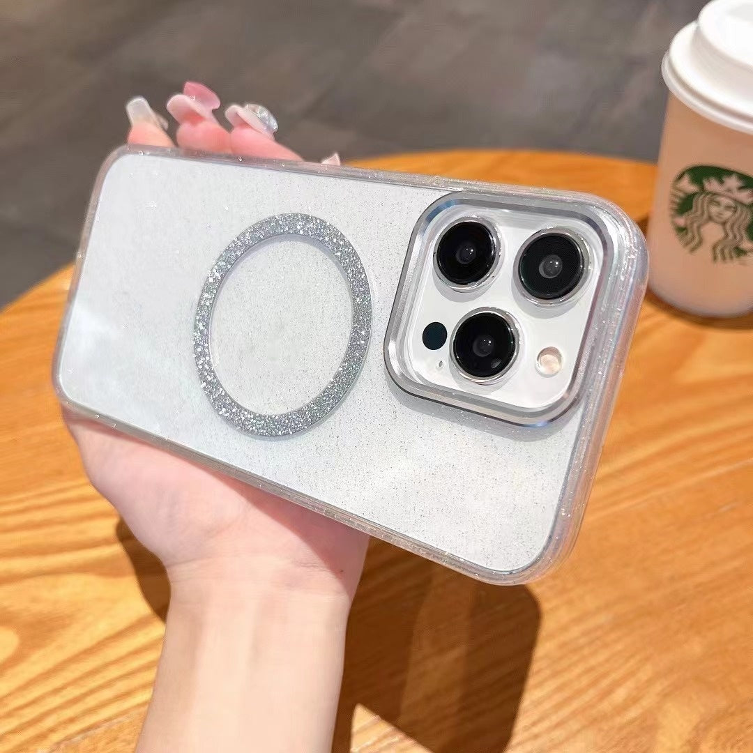 Magnetic Hard Clear Case with glitter and camera stand design case for phone for Iphone 14 PRO MAX 15 PRO MAX