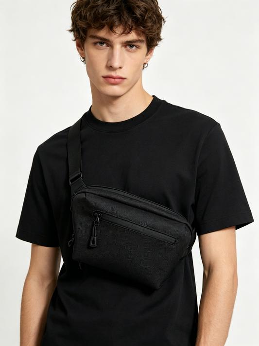 Minimalist Black Crossbody Chest Bag, Lightweight Water Resistant Nylon Fanny Pack, Unisex Daily Phone Shoulder Pouch
