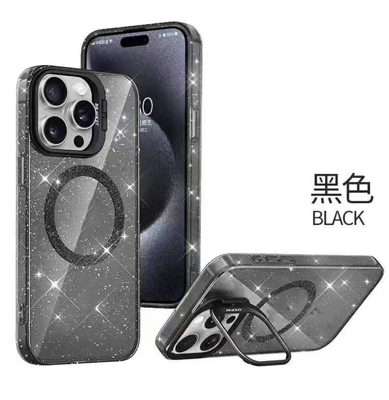 Magnetic Hard Clear Case with glitter and camera stand design case for phone for Iphone 14 PRO MAX 15 PRO MAX