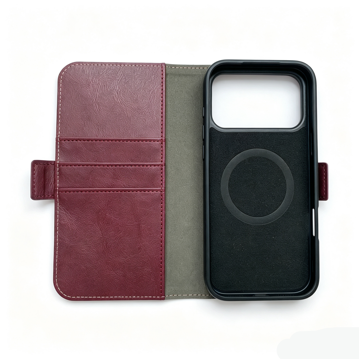 Wine Red Leather Folio Wallet Case for iPhone 18 Pro / 18 Pro max — Card Holder & Shockproof Cover - FANSONG