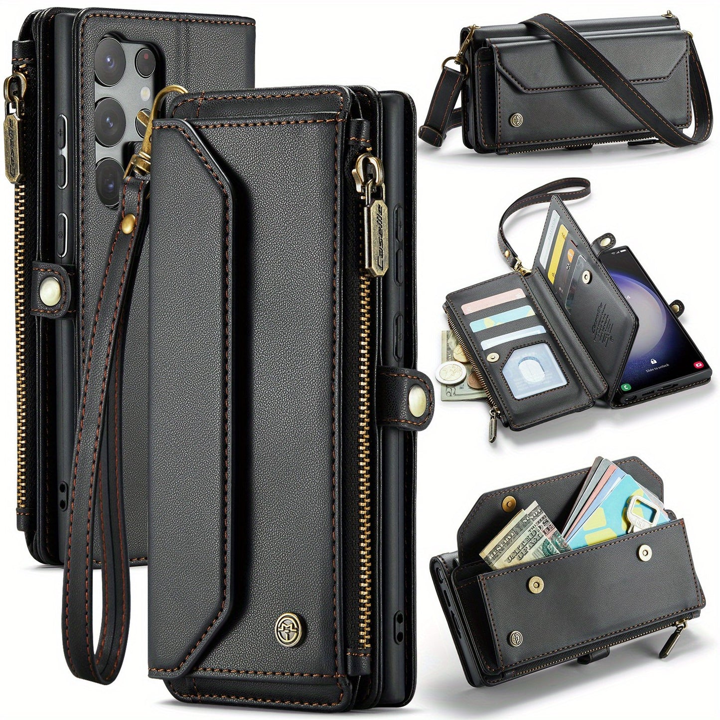 Crossbody Wallet Style Phone Case For Samsung Galaxy S23 S22 S21 Ultra S10 Plus A12 A13 A14 A22 A23 A24 A30S A50S A32 A33 A34 A51 A52 A53 A54 A71 A72 Case Wallet RFID Protection With 10-Card Holder Zipper Bills Slot, PU Leather Flip Shoulder Strap