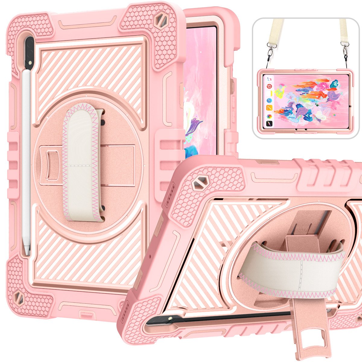 For Samsung Galaxy Tab A7 Lite A8 S6 Lite S7 FE S8 PLUS Case Military Grade Heavy Duty Shockproof Cover - Pencil Holder - Rotating Stand - Hand/Shoulder Strap - Black