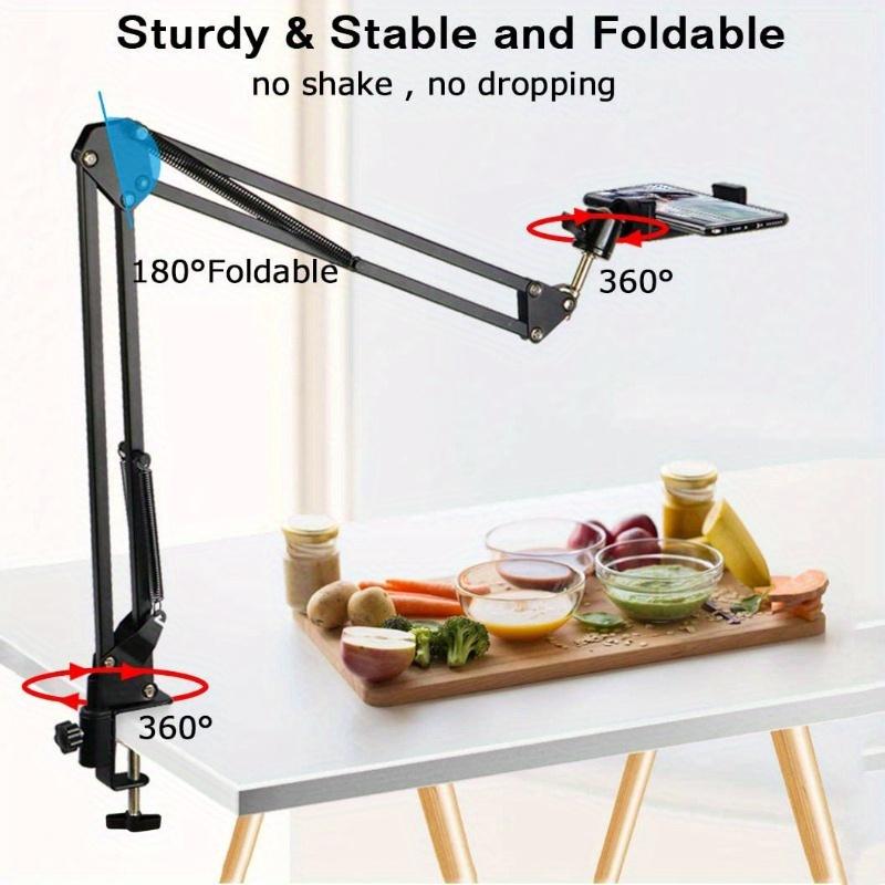 Adjustable Metal Tablet and Phone Stand with Long Arm for Bed, Desk, and Desktop Use - Perfect for Watching Videos, Reading, and Video Calls - Includes Microphone Holder