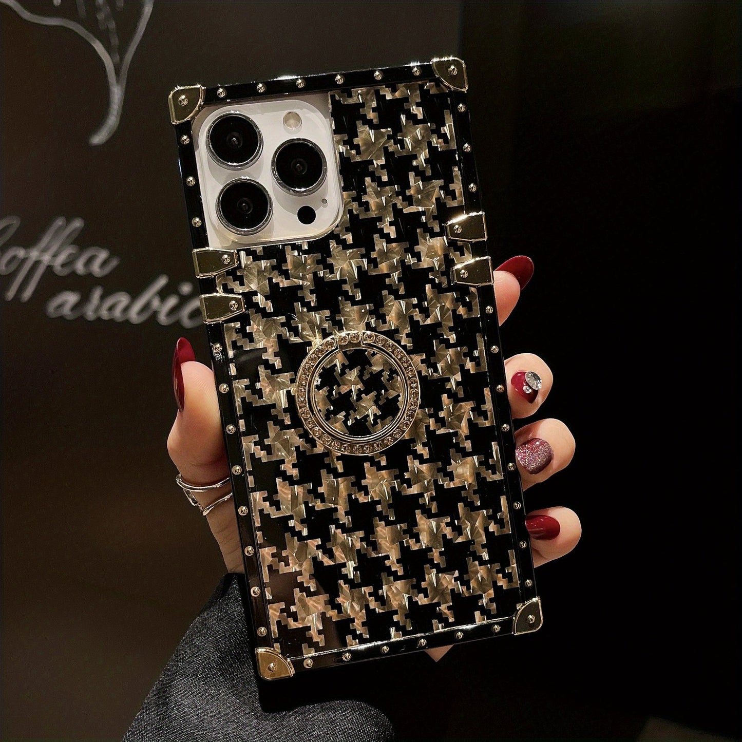 Retro Square Glitter Phone Case, Soft TPU Metal Edge Bumper Cover With Ring Holder, For Apple Apple IPhone 14 13 12 11 Plus/ Pro/Pro Max