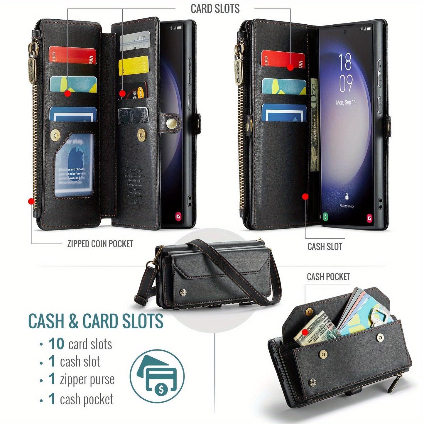 Crossbody Wallet Style Phone Case For Samsung Galaxy S23 S22 S21 Ultra S10 Plus A12 A13 A14 A22 A23 A24 A30S A50S A32 A33 A34 A51 A52 A53 A54 A71 A72 Case Wallet RFID Protection With 10-Card Holder Zipper Bills Slot, PU Leather Flip Shoulder Strap
