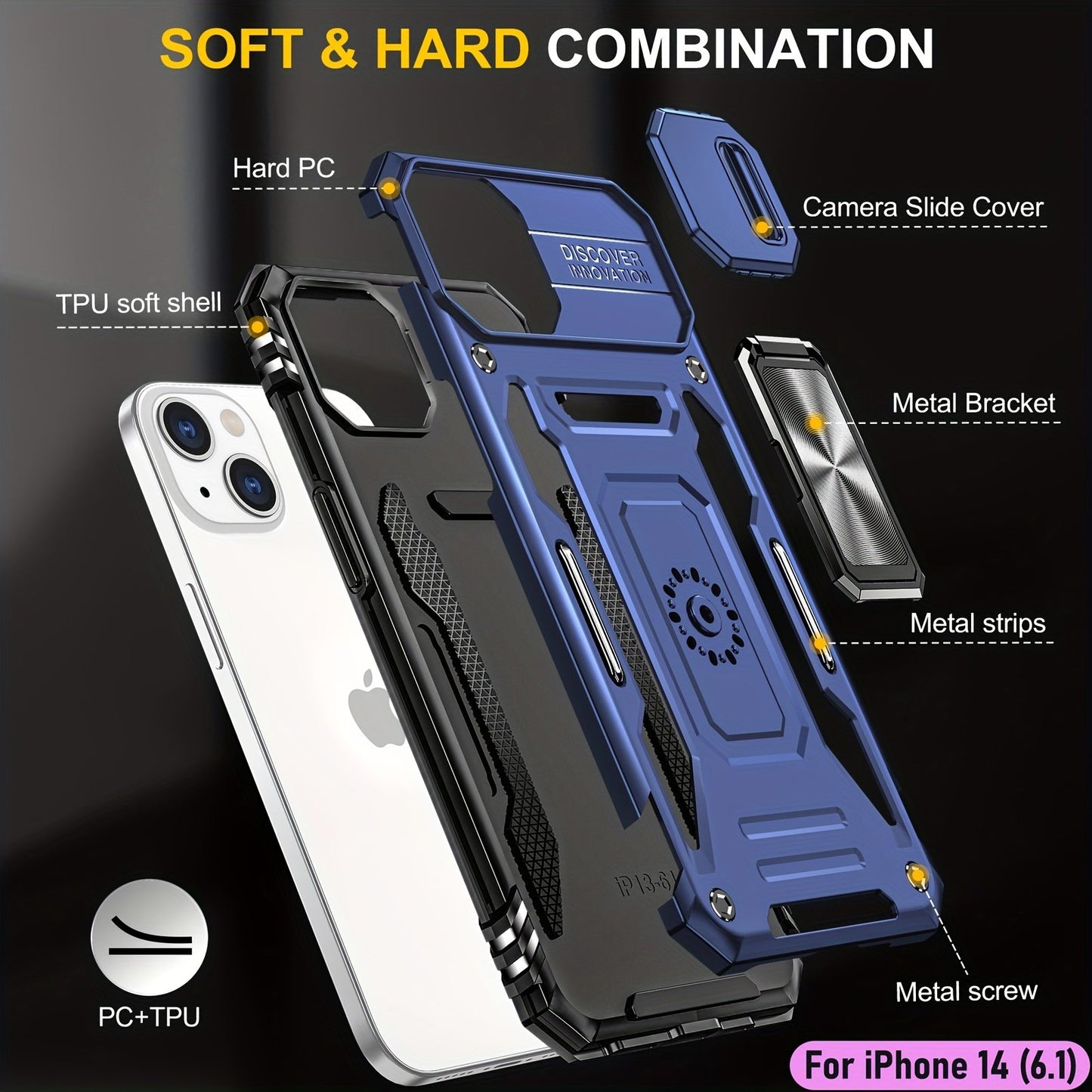 ymxdmd Heavy Duty Case for Apple iPhone 14, Military Grade Dual Layer Hybrid Cushioning Rubber Bumper Protector with Slide Camera Protector, Built-in 360 Degree Swivel Stand -Blue