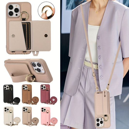 Luxusy Leather Phone Case For iPhone 15 Plus 14 13 12 11 Pro Max With Wrist Ring Long Lanyard Crossbody Bag Shockproof Cover