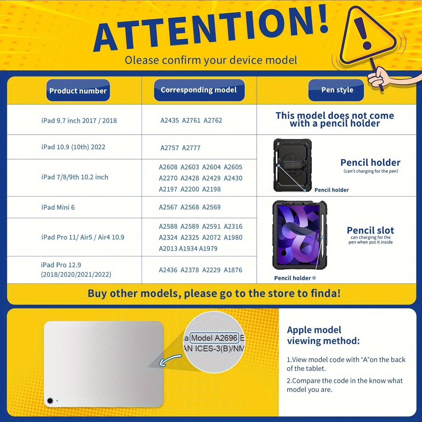 Heavy Duty Shockproof Protective Case for iPad 5th-10th Gen, Mini 6, Pro 11 - Orange, with Screen Protector, Stand, Strap, Pen Holder