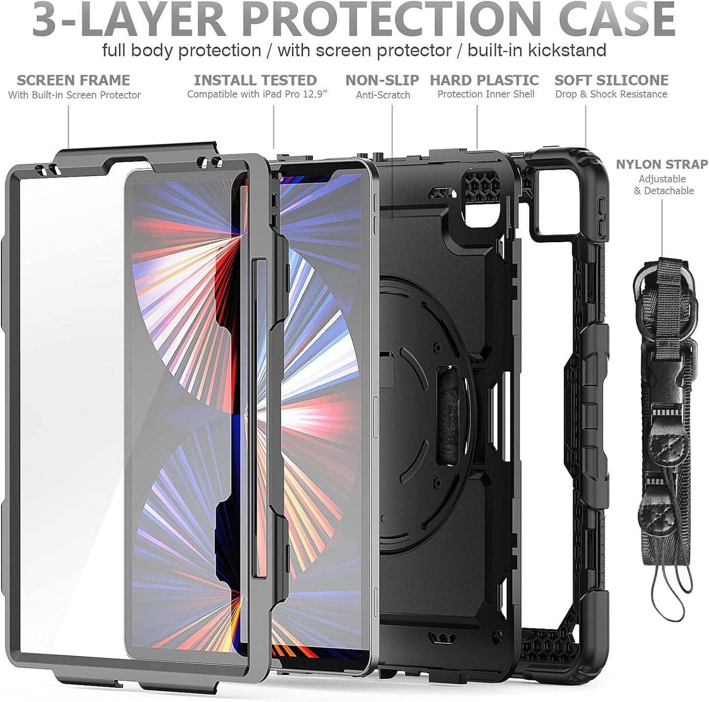 FANSONG Case for iPro 12.9 inch 2022 2021 2020 2018, Cover for iPad Pro 6th 5th 4th 3rd Gen Shockproof with Screen Protector Pencil Holder 360° Stand Handle Shoulder Strap Heavy for iPad Pro 12.9 inch