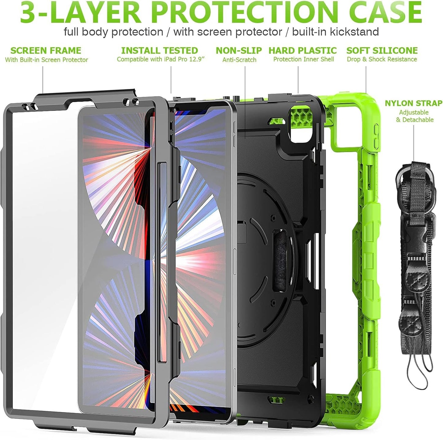FANSONG Case for iPro 12.9 inch 2022 2021 2020 2018, Cover for iPad Pro 6th 5th 4th 3rd Gen Shockproof with Screen Protector Pencil Holder 360° Stand Handle Shoulder Strap Heavy for iPad Pro 12.9 inch