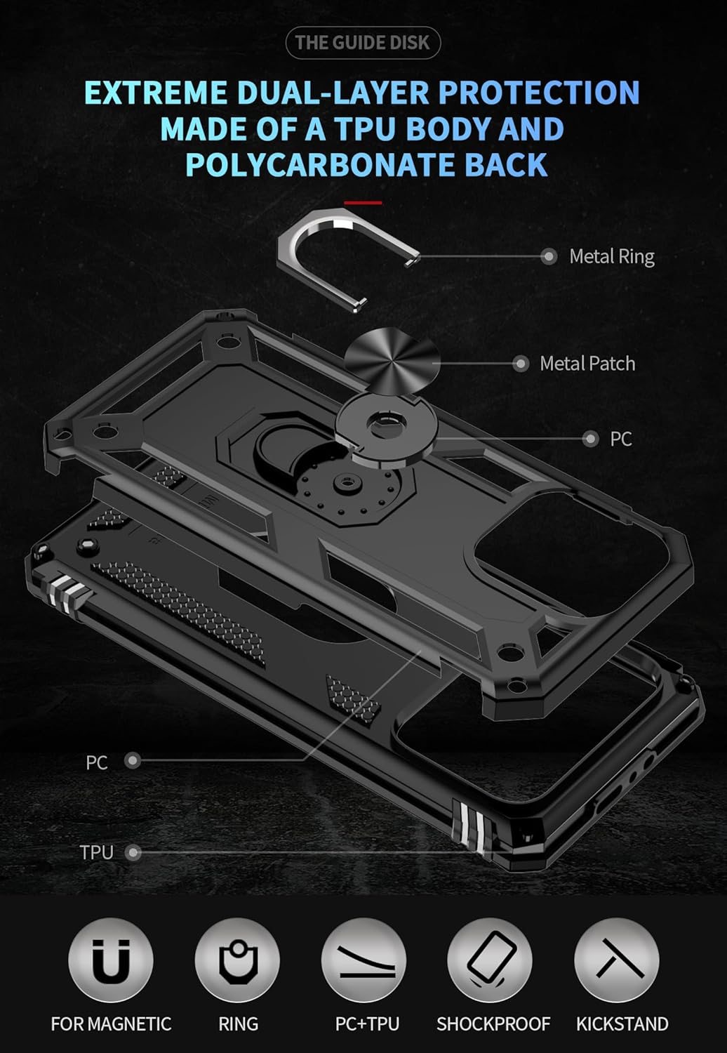 FAN SONG Case for iPhone 15 Pro Max Case with Stand, Military Grade Drop Protection Cover TPU and PC Protective Phone Case 360°Magnetic Ring Kickstand Stand for iPhone 15 Pro Max 2023 6.1", Black