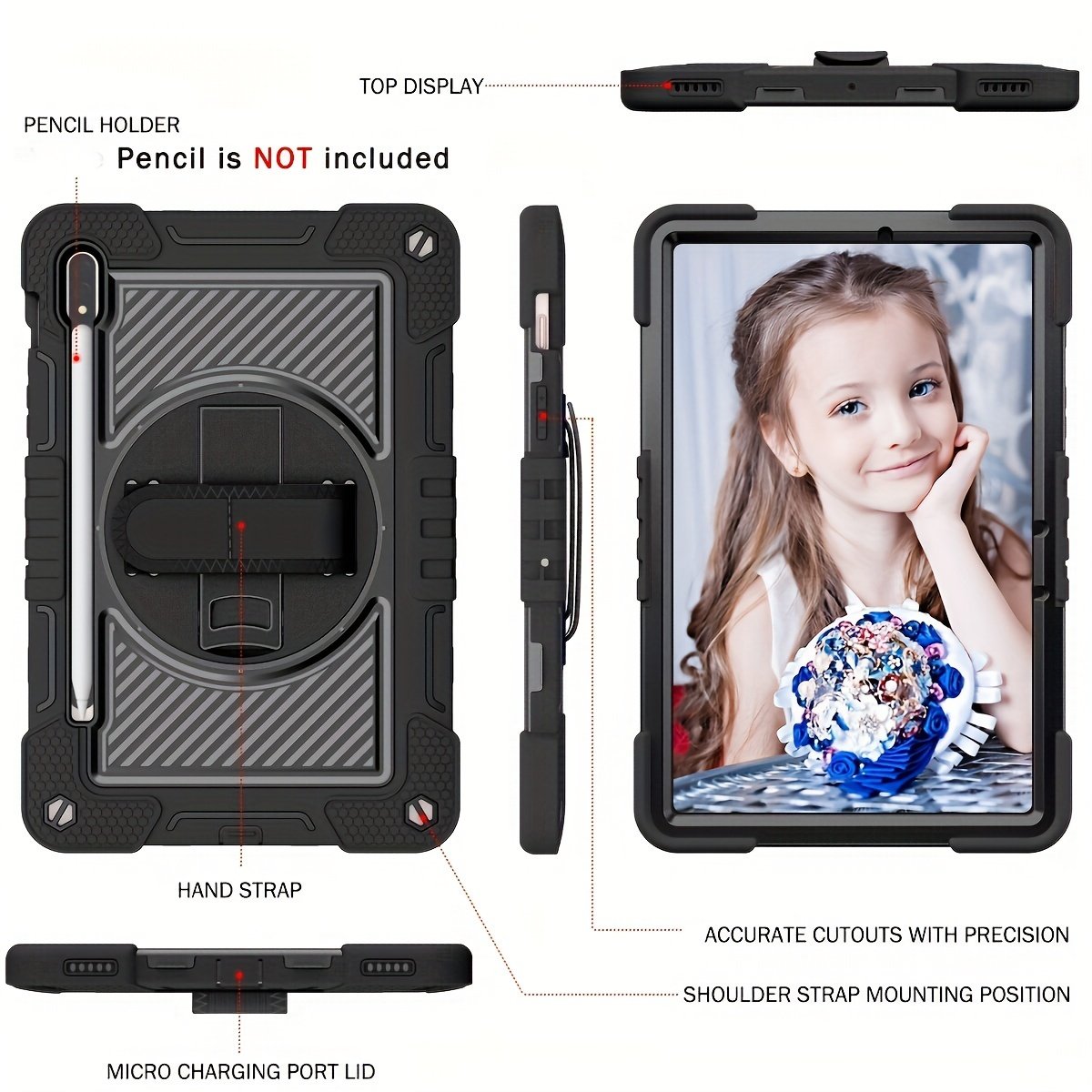 For Samsung Galaxy Tab A7 Lite A8 S6 Lite S7 FE S8 PLUS Case Military Grade Heavy Duty Shockproof Cover - Pencil Holder - Rotating Stand - Hand/Shoulder Strap - Black