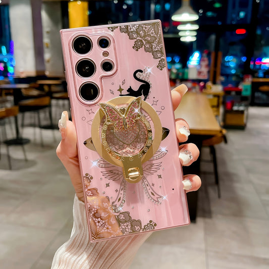 For Samsung Galaxy S24 Ultra/S23 Ultra/S22 Ultra/S24+/S23+/S22+ Phone Magnetic Case Luxury Cute Sparkling Rhinestone Butterfly Flower Design With Ring Stand, Electroplated Glitter Girl Case