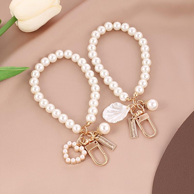 Faux Pearl Beaded Wristlet Phone Lanyard Strap Cord Cute Shell Heart Bracelet Key Chain Purse Bag Charm Earbud Case Cover Accessories Women Girls Gift