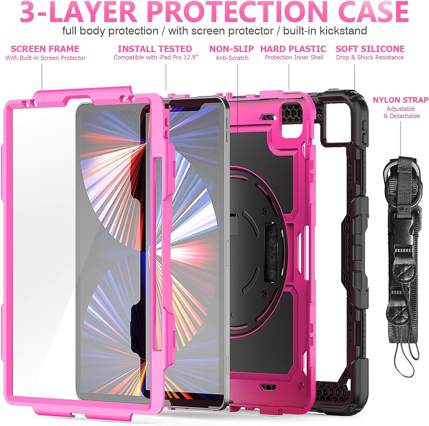 FANSONG Case for iPro 12.9 inch 2022 2021 2020 2018, Cover for iPad Pro 6th 5th 4th 3rd Gen Shockproof with Screen Protector Pencil Holder 360° Stand Handle Shoulder Strap Heavy for iPad Pro 12.9 inch