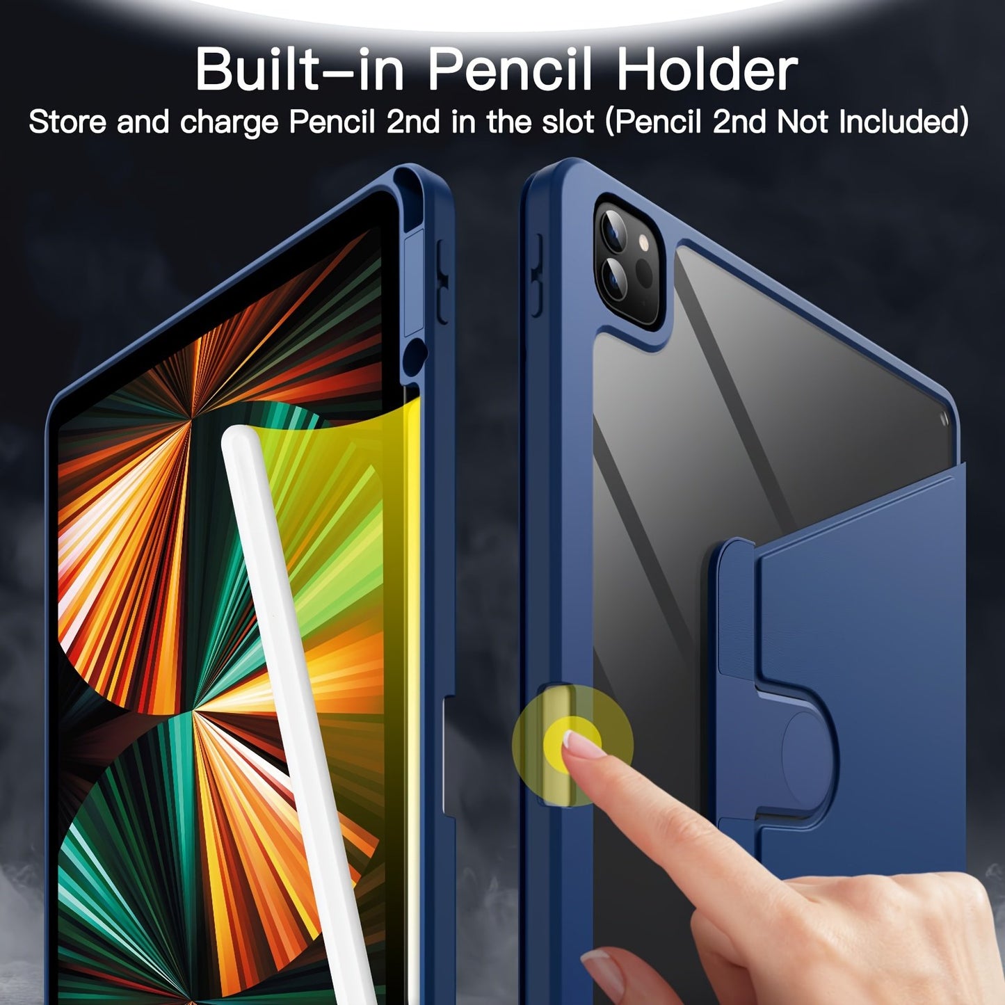 Rotating Case For iPad Pro 12.9-Inch (2022/2021/2020/2018) With Pencil Holder, 360 Degree Rotation Protective Stand Cover Clear Back, Auto Wake/Sleep