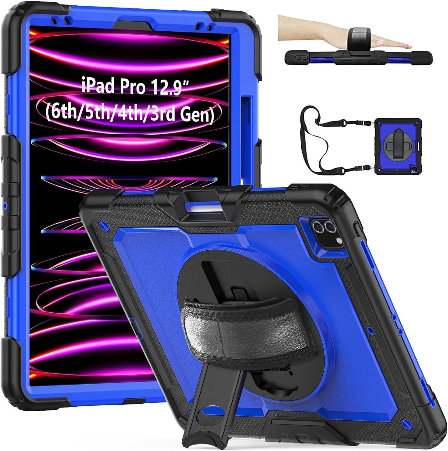 FANSONG Case for iPro 12.9 inch 2022 2021 2020 2018, Cover for iPad Pro 6th 5th 4th 3rd Gen Shockproof with Screen Protector Pencil Holder 360° Stand Handle Shoulder Strap Heavy for iPad Pro 12.9 inch