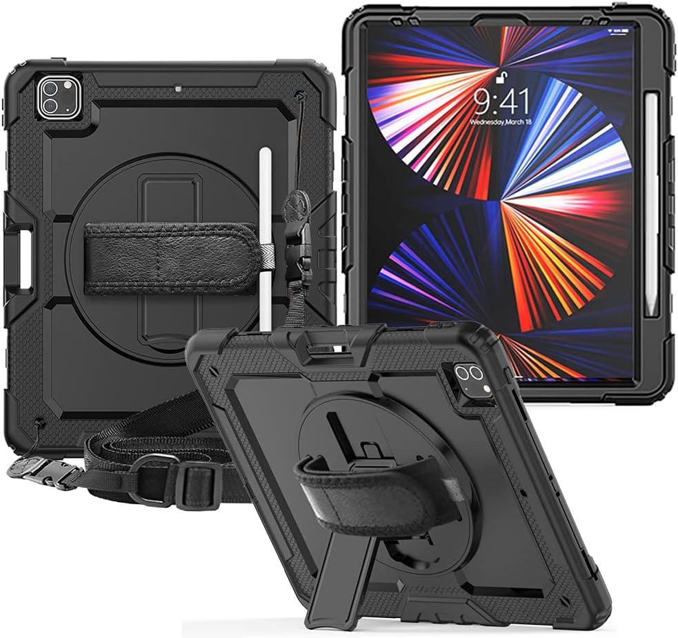 FANSONG Case for iPro 12.9 inch 2022 2021 2020 2018, Cover for iPad Pro 6th 5th 4th 3rd Gen Shockproof with Screen Protector Pencil Holder 360° Stand Handle Shoulder Strap Heavy for iPad Pro 12.9 inch