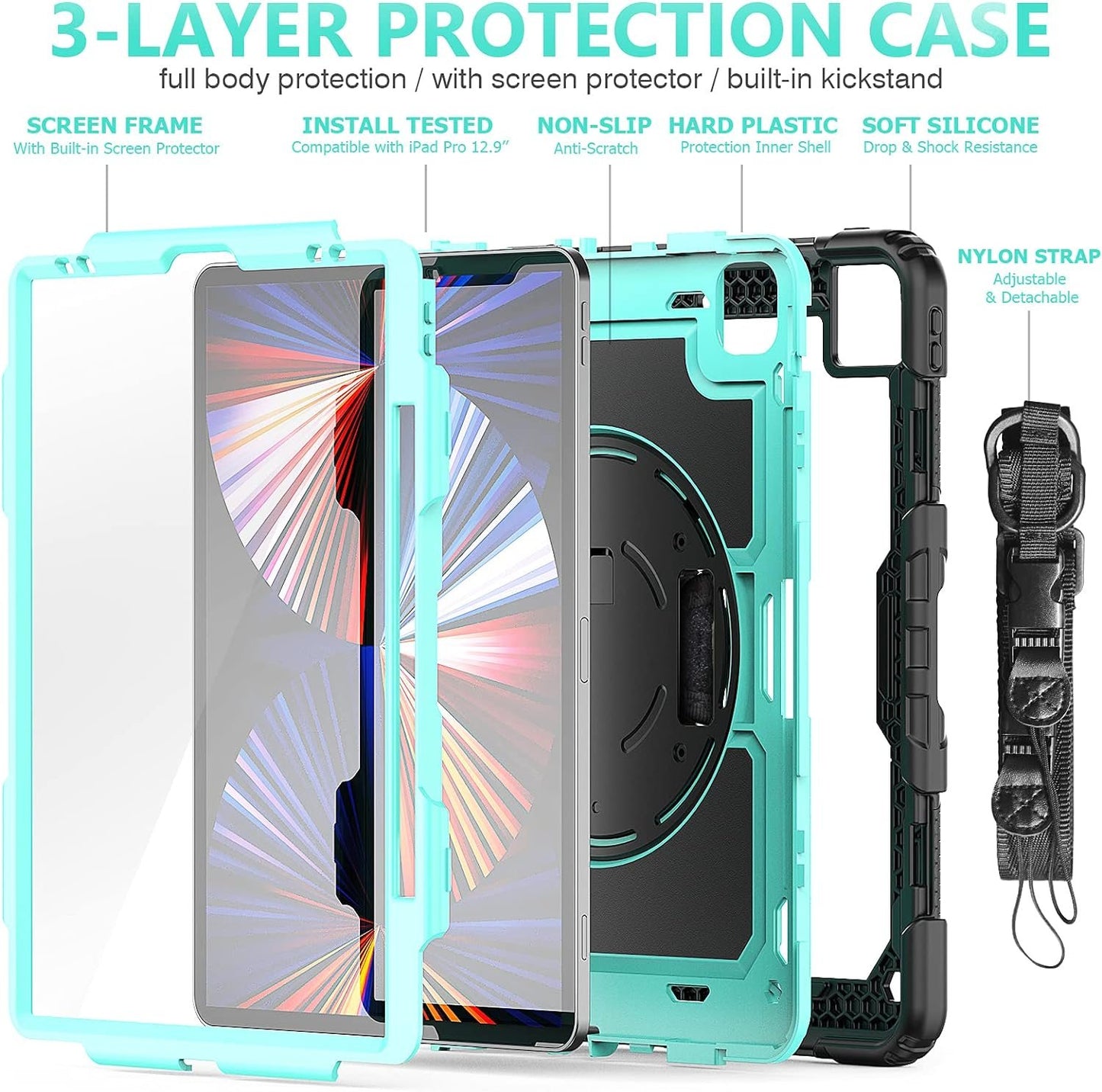 FANSONG Case for iPro 12.9 inch 2022 2021 2020 2018, Cover for iPad Pro 6th 5th 4th 3rd Gen Shockproof with Screen Protector Pencil Holder 360° Stand Handle Shoulder Strap Heavy for iPad Pro 12.9 inch