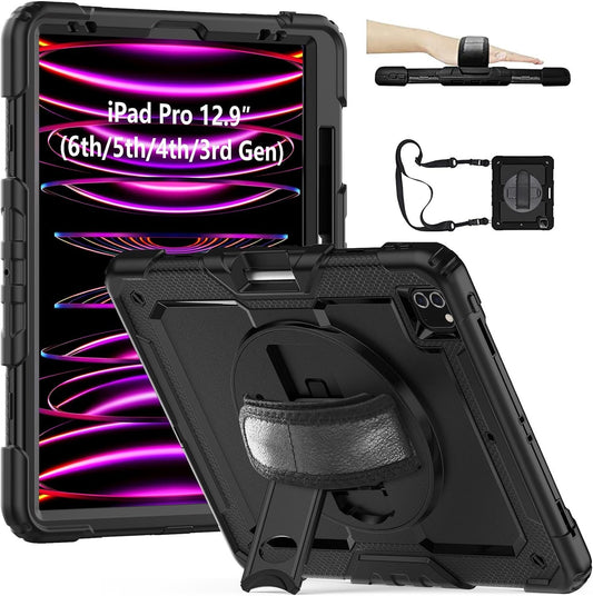 iPad Pro 12.9 inch Case 6th 2022 2021 5th Generation iPad Pro 12.9 Inch 2020 4th Gen with Screen Protector Pencil Holder Kids Shockproof Rugged Silicone Cover 360 Stand Hand Strap Black