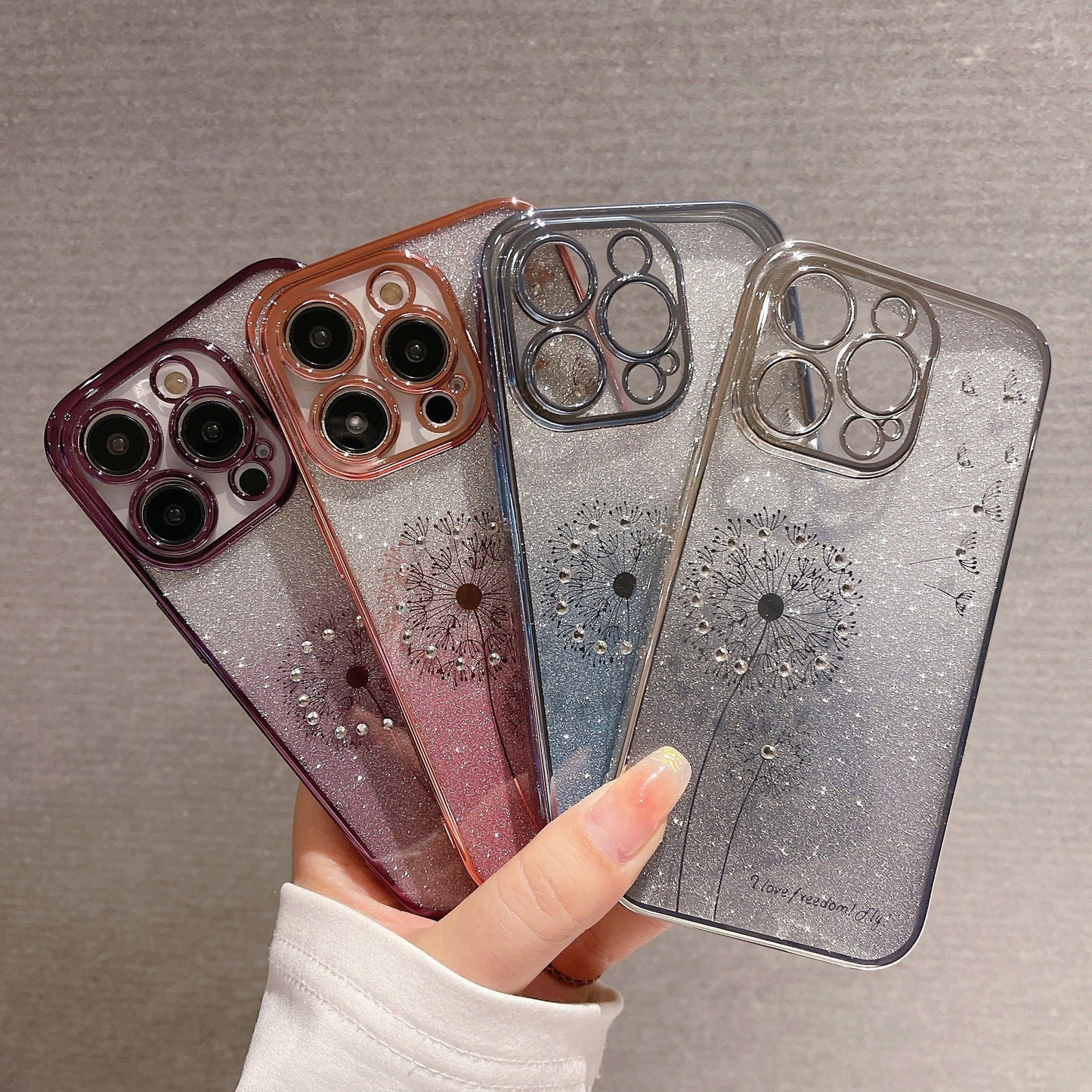 Starry Sky Gradient Dandelion Phone Case, Rhinestone Glitter Phone Case Suitable For IPhone 15 Pro Max/15 Pro/15 Plus/ 15/ 14 Pro Max/ 14Pro/14/ 13 Pro Max/ 13Pro/ 13/12ProMax/ 12Pro/12