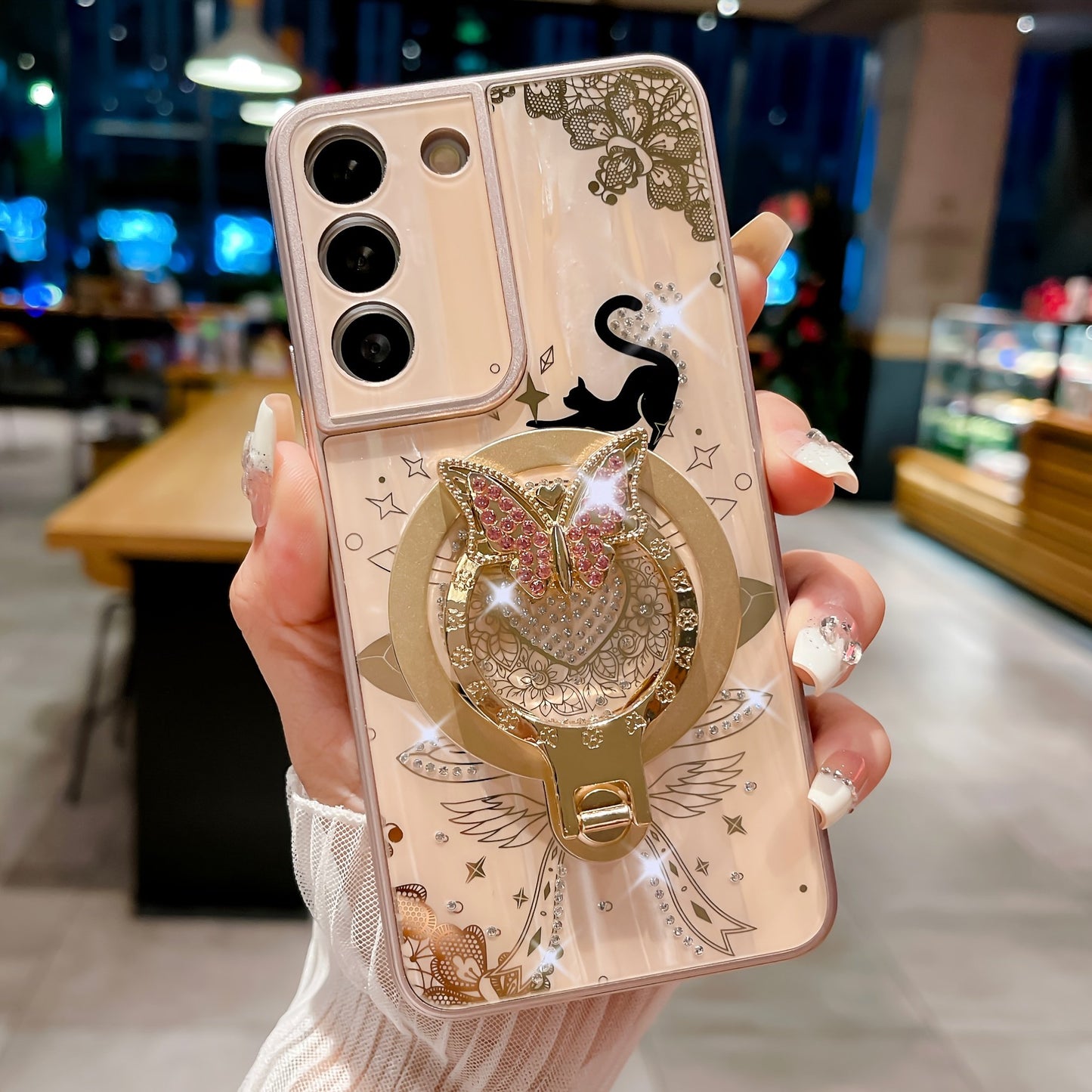 For Samsung Galaxy S24 Ultra/S23 Ultra/S22 Ultra/S24+/S23+/S22+ Phone Magnetic Case Luxury Cute Sparkling Rhinestone Butterfly Flower Design With Ring Stand, Electroplated Glitter Girl Case