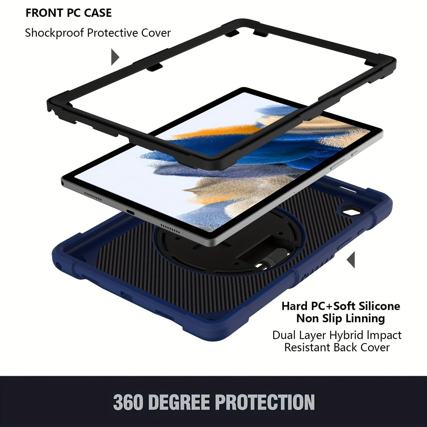 Protective case for samsung galaxy Tab A8 10.5 inch 2021, X200/X205/X207 Case with kickstand, Heavy Duty Shockproof Hard Hybrid Protective, 360° Rotating design with shoulder strap