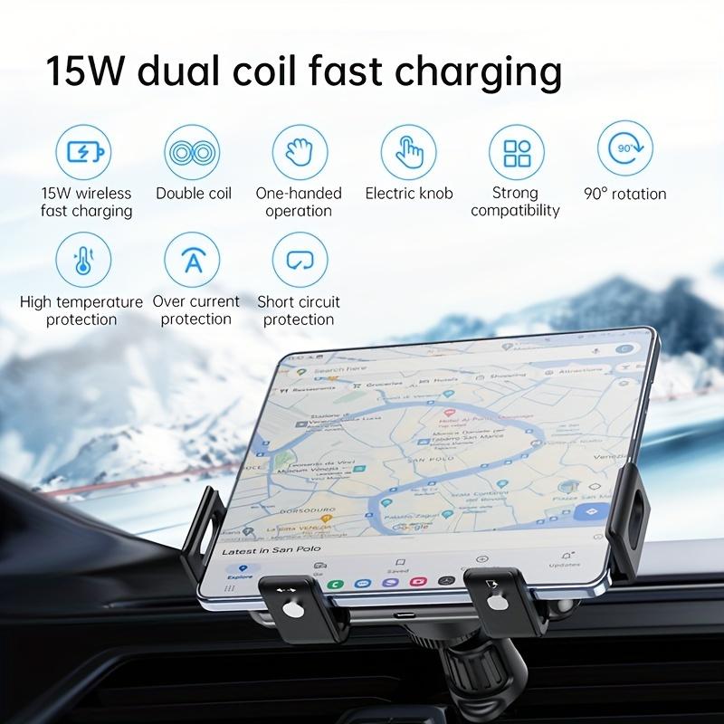 Horizontal Or Vertical Rotation 90° Rotating Car Wireless Charger Holder, Dual Coil One Hand Motorized Knob Operated Car Cell Phone Holder Stand Fast Charging For iPhone Samsung Galaxy S23 S22 S21 Google Pixel 7~4 Series