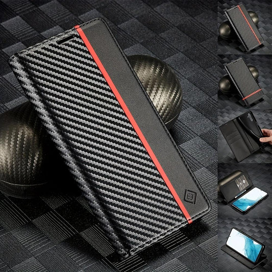 Premium Leather Wallet Case with Carbon Fiber Pattern for Samsung Galaxy S23 Ultra S22 S21 FE Ultra S20 FE S10 Plus A54 A53 A52 A52s A51