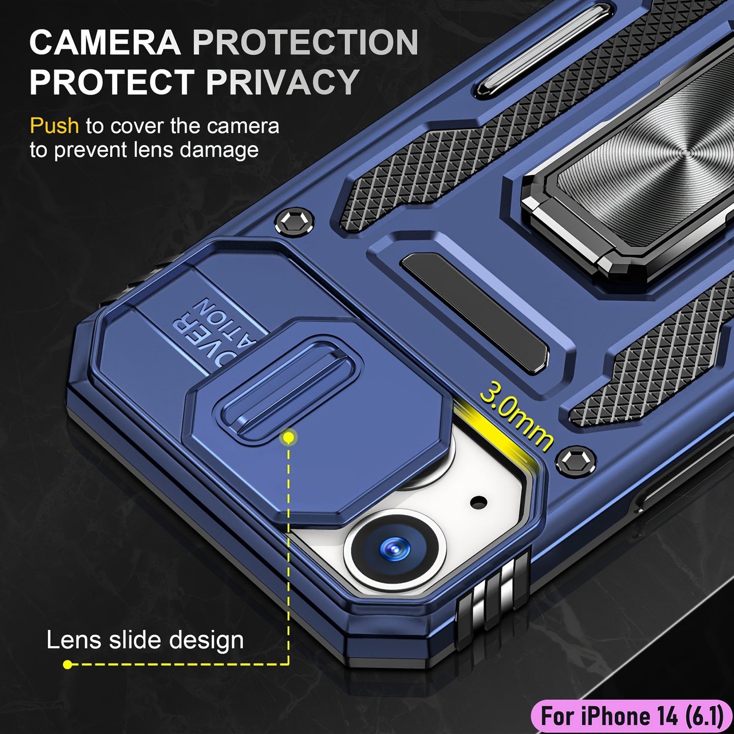 ymxdmd Heavy Duty Case for Apple iPhone 14, Military Grade Dual Layer Hybrid Cushioning Rubber Bumper Protector with Slide Camera Protector, Built-in 360 Degree Swivel Stand -Blue