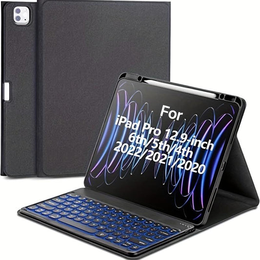 For IPad Pro 12.9 Inch Case With Keyboard Compatible For IPad 12.9-inch 2022/2021/2020 (6th/5th/4th Gen) With Pencil Holder, Smart Folio Tablet Cover With 7 Color Backlit Detachable Wireless Keyboard