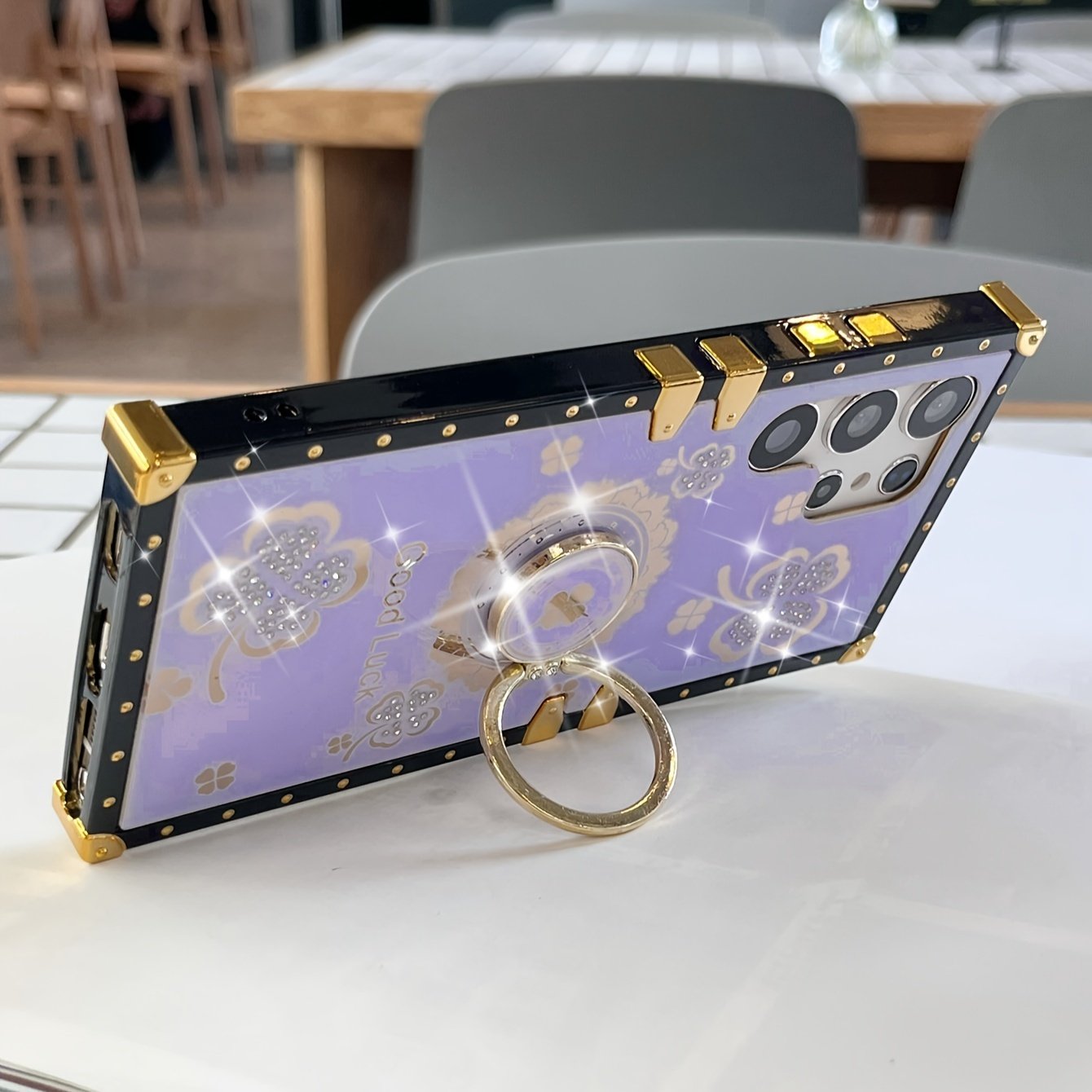 A Square Lucky Four-leaf Clover Stand Gorgeous Fashion Drop Protection Phone Case For IPhone Samsung Phones