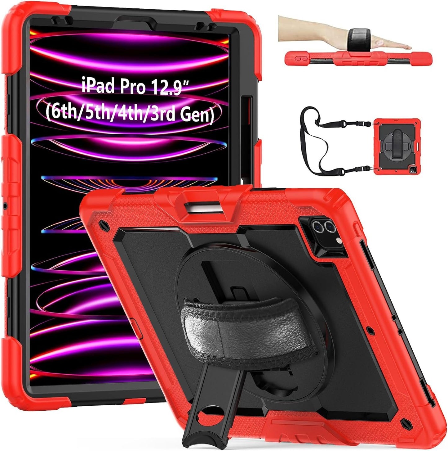 FANSONG Case for iPro 12.9 inch 2022 2021 2020 2018, Cover for iPad Pro 6th 5th 4th 3rd Gen Shockproof with Screen Protector Pencil Holder 360° Stand Handle Shoulder Strap Heavy for iPad Pro 12.9 inch