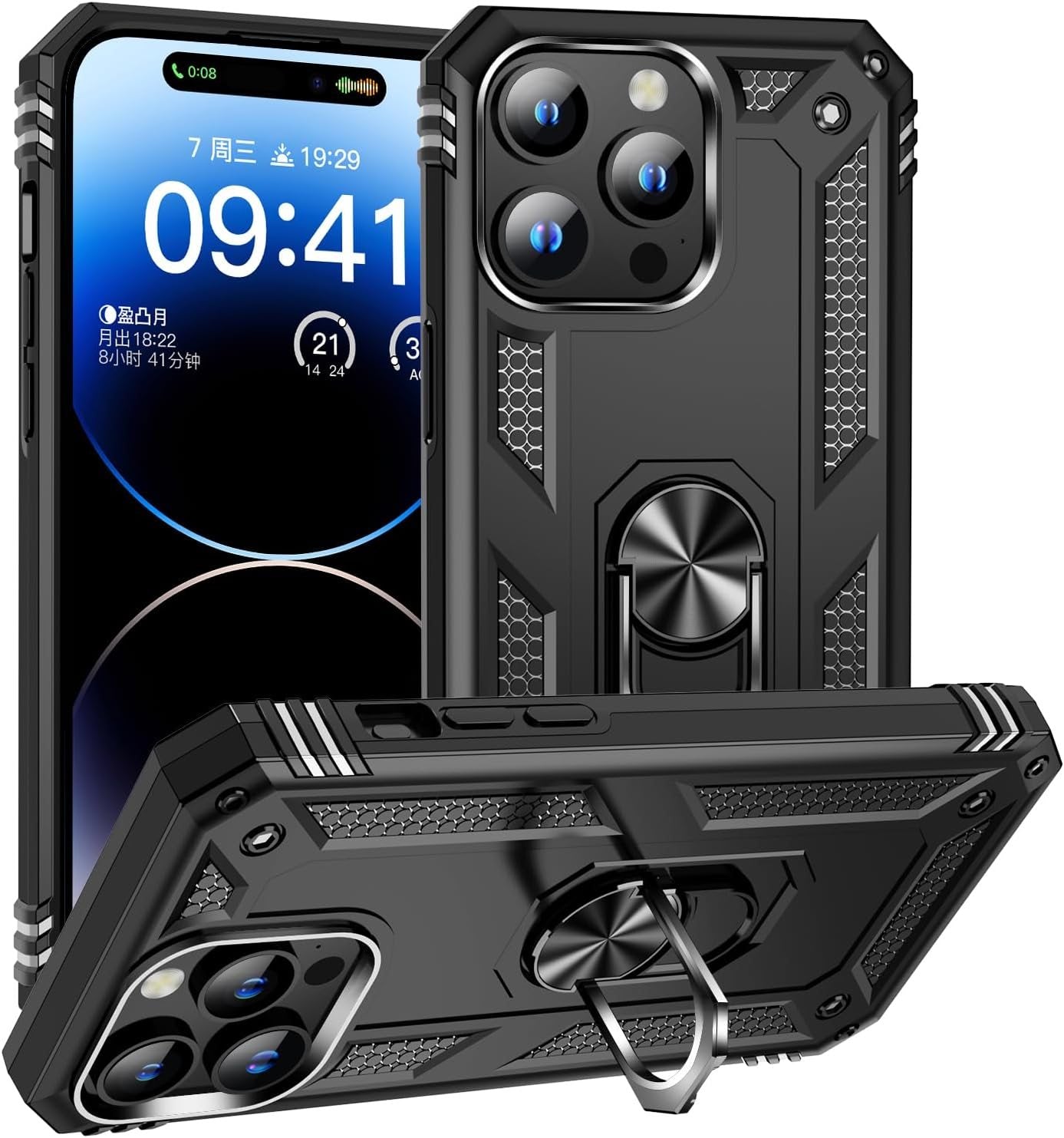 FAN SONG Case for iPhone 15 Pro Max Case with Stand, Military Grade Drop Protection Cover TPU and PC Protective Phone Case 360°Magnetic Ring Kickstand Stand for iPhone 15 Pro Max 2023 6.1", Black