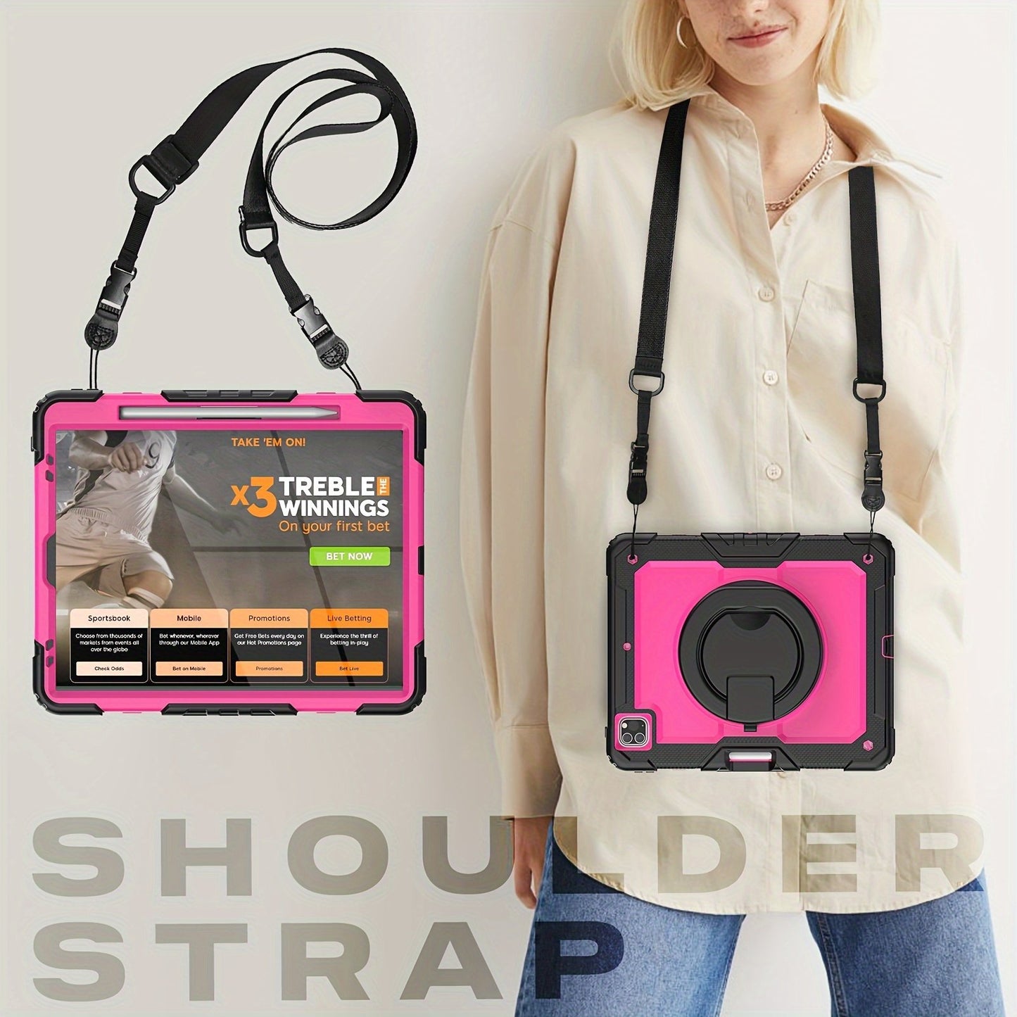 For IPad Heavy Duty Shockproof Case No Screen Protector With Stand, Hand Strap/Shoulder Strap And Pencil Holder, Rose Red