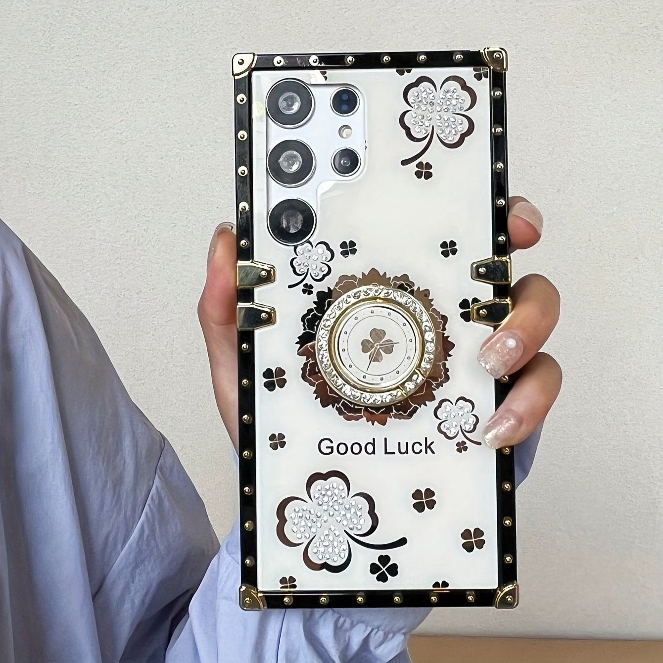 A Square Lucky Four-leaf Clover Stand Gorgeous Fashion Drop Protection Phone Case For IPhone Samsung Phones