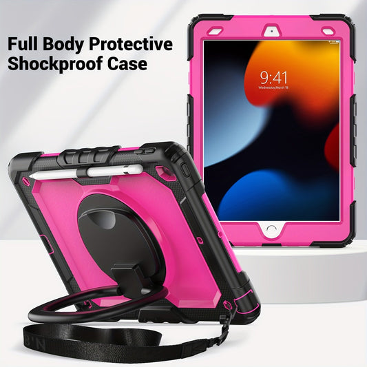 For IPad Heavy Duty Shockproof Case No Screen Protector With Stand, Hand Strap/Shoulder Strap And Pencil Holder, Rose Red