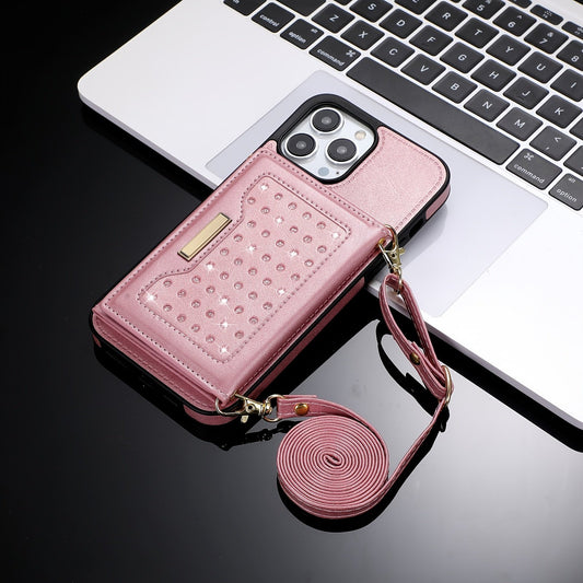 Stylish Leather Wallet Phone Case with Shoulder Strap for iPhone 11/12/13/14 - Pink Bling Design for Women on the Go