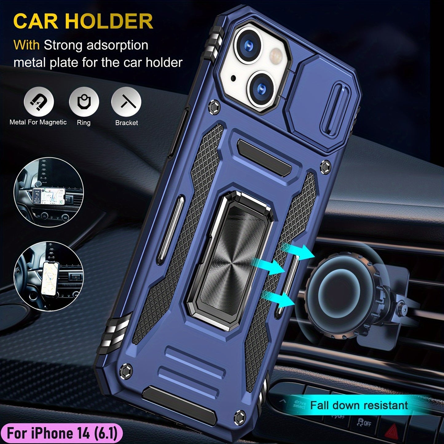 ymxdmd Heavy Duty Case for Apple iPhone 14, Military Grade Dual Layer Hybrid Cushioning Rubber Bumper Protector with Slide Camera Protector, Built-in 360 Degree Swivel Stand -Blue