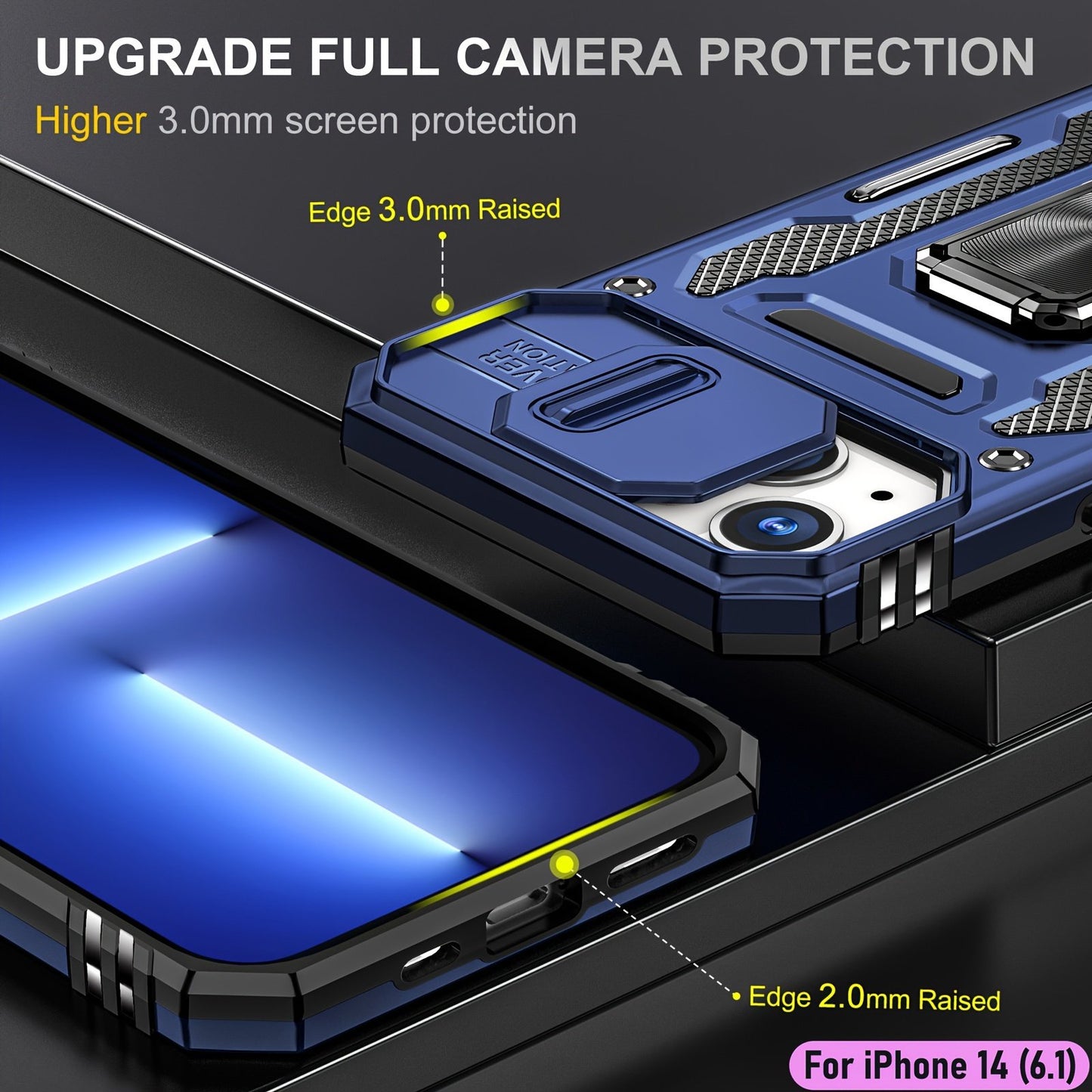 ymxdmd Heavy Duty Case for Apple iPhone 14, Military Grade Dual Layer Hybrid Cushioning Rubber Bumper Protector with Slide Camera Protector, Built-in 360 Degree Swivel Stand -Blue