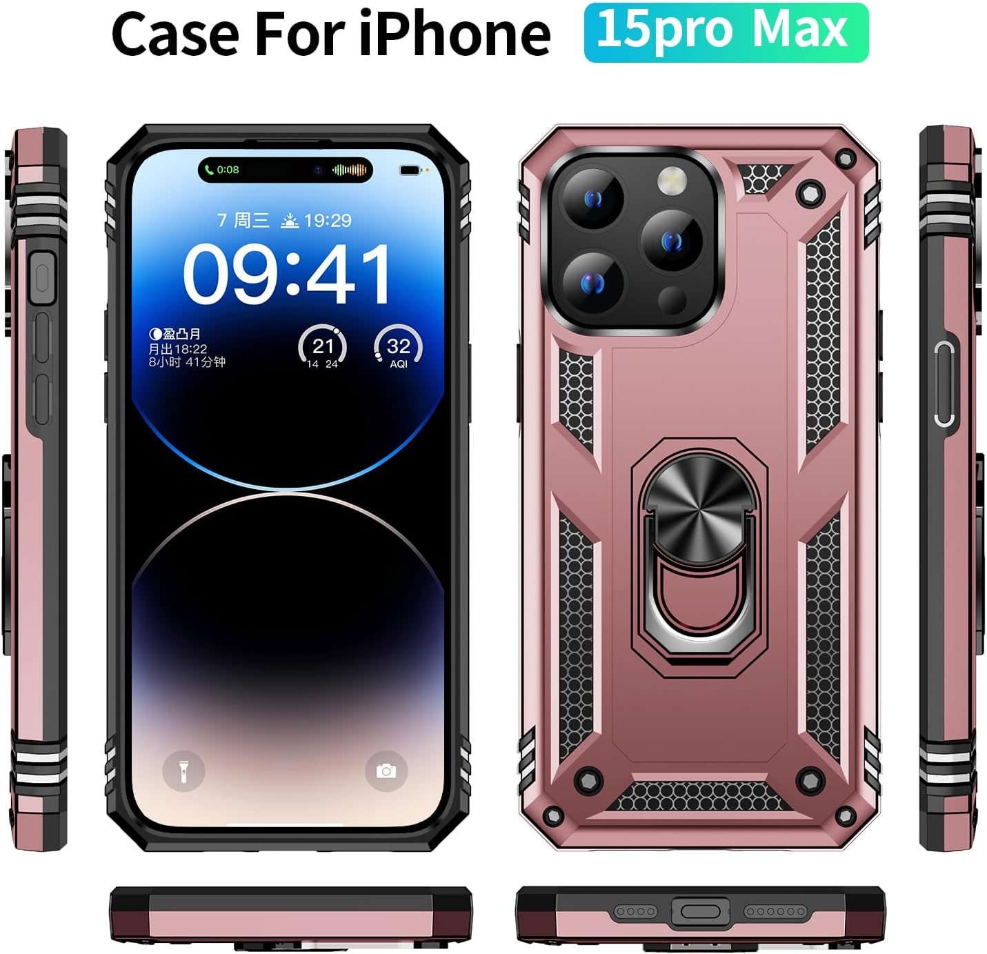 FAN SONG Case for iPhone 15 Pro Max Case with Stand, Military Grade Drop Protection Cover TPU and PC Protective Phone Case 360°Magnetic Ring Kickstand Stand for iPhone 15 Pro Max 2023 6.1", Black
