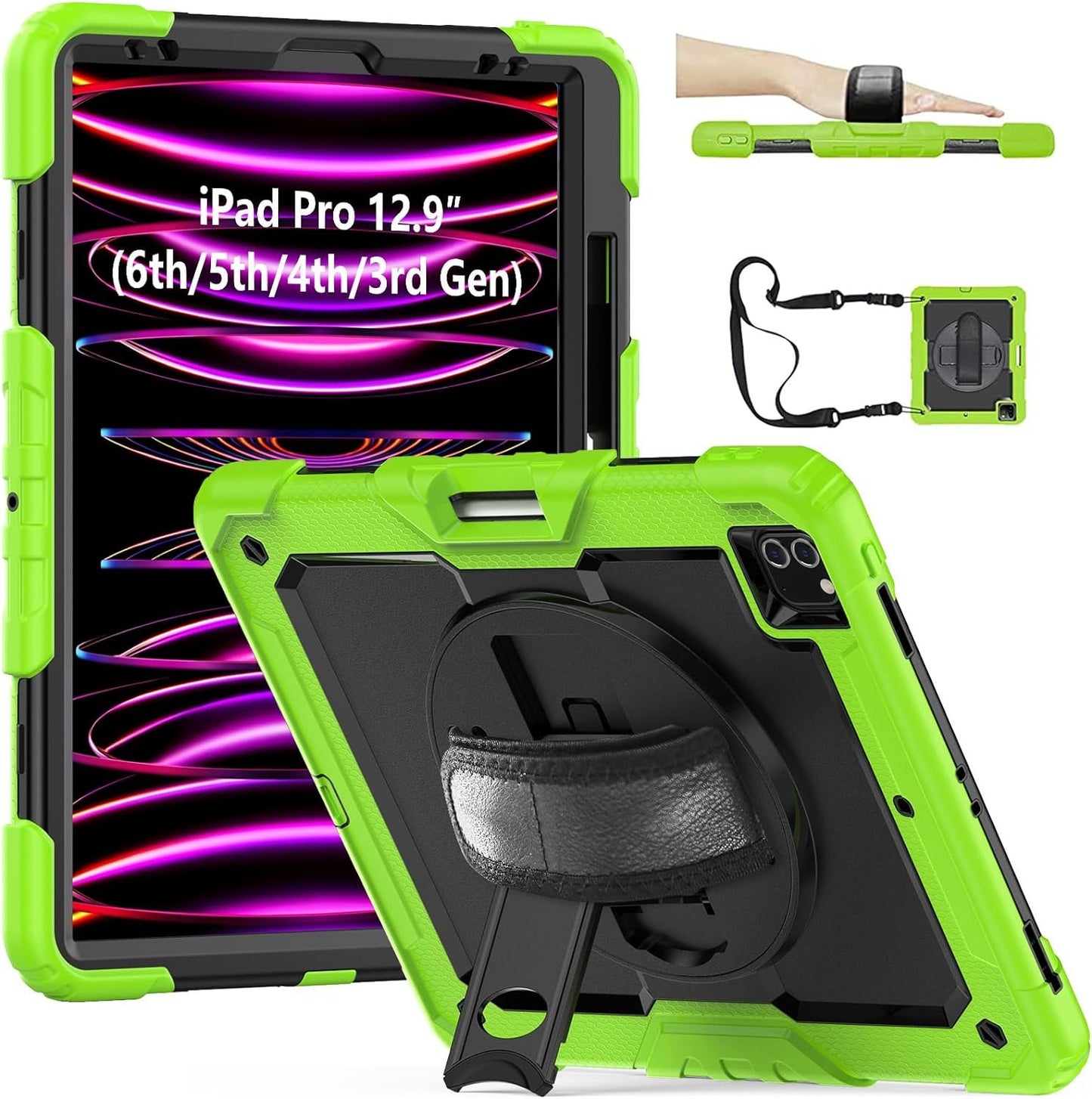 FANSONG Case for iPro 12.9 inch 2022 2021 2020 2018, Cover for iPad Pro 6th 5th 4th 3rd Gen Shockproof with Screen Protector Pencil Holder 360° Stand Handle Shoulder Strap Heavy for iPad Pro 12.9 inch