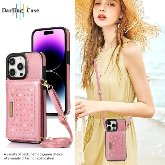 Stylish Leather Wallet Phone Case with Shoulder Strap for iPhone 11/12/13/14 - Pink Bling Design for Women on the Go