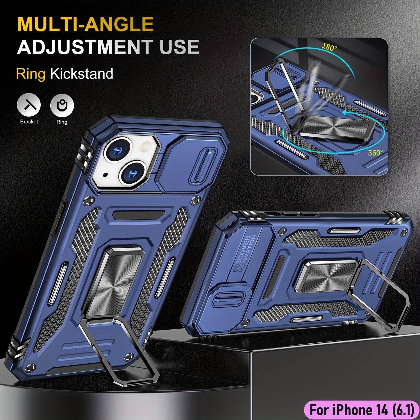 ymxdmd Heavy Duty Case for Apple iPhone 14, Military Grade Dual Layer Hybrid Cushioning Rubber Bumper Protector with Slide Camera Protector, Built-in 360 Degree Swivel Stand -Blue