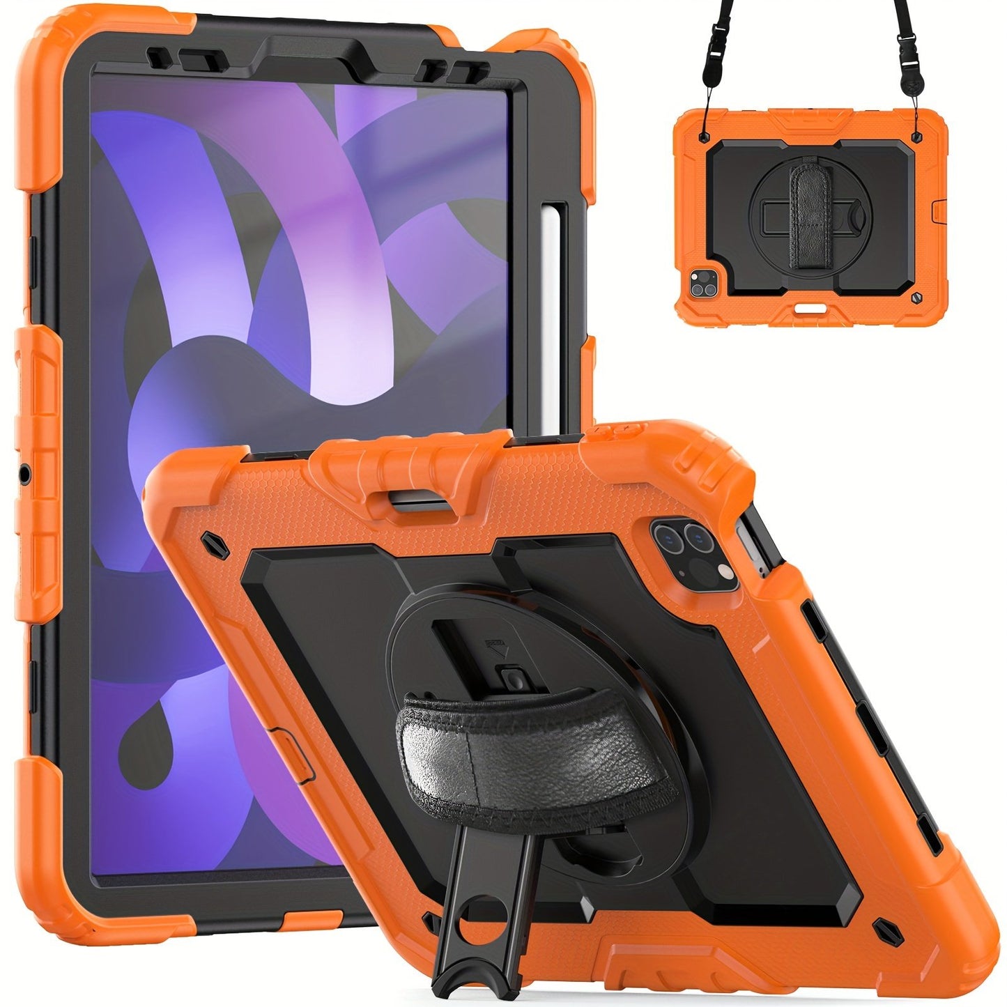 Heavy Duty Shockproof Protective Case for iPad 5th-10th Gen, Mini 6, Pro 11 - Orange, with Screen Protector, Stand, Strap, Pen Holder