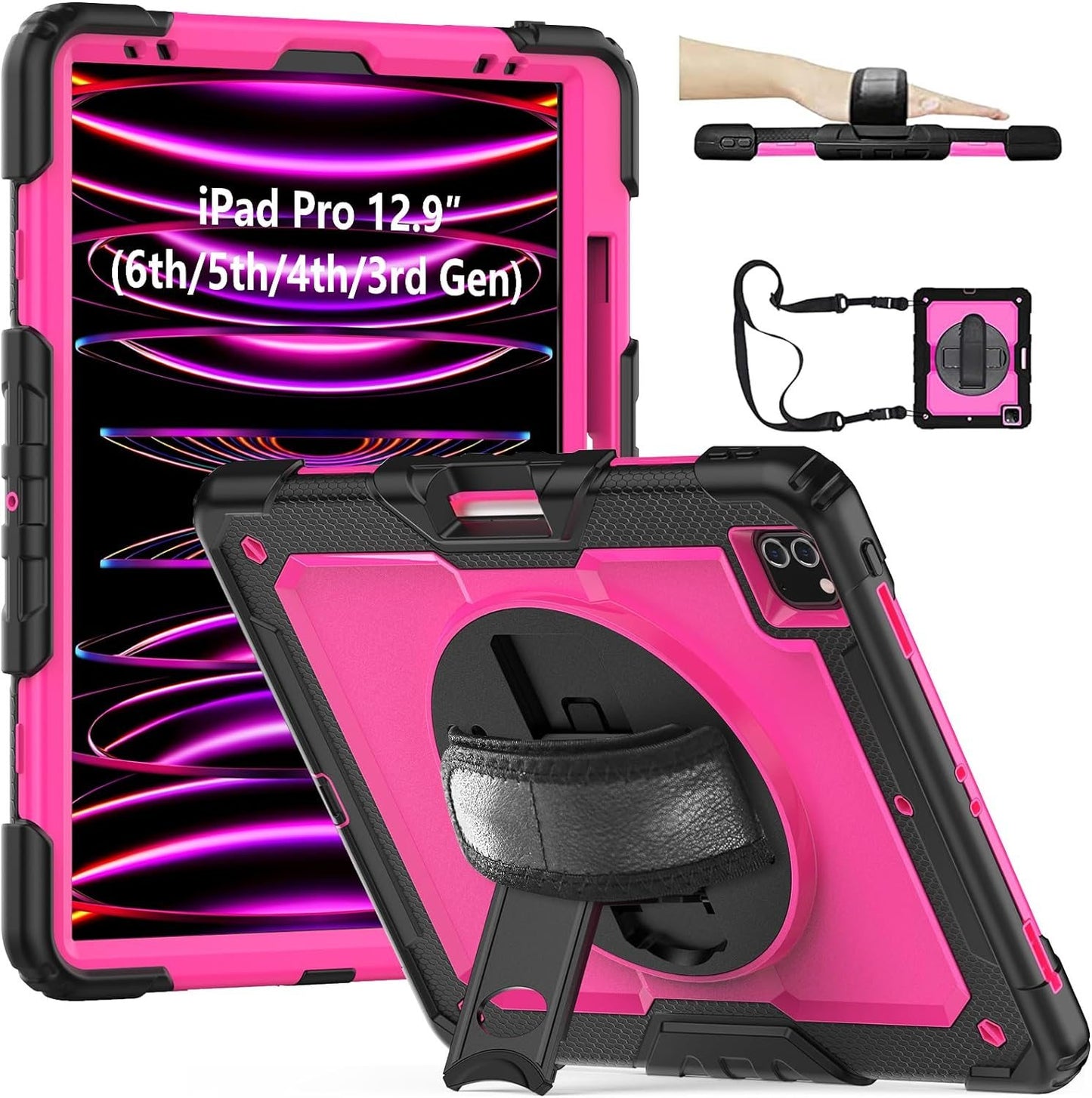 FANSONG Case for iPro 12.9 inch 2022 2021 2020 2018, Cover for iPad Pro 6th 5th 4th 3rd Gen Shockproof with Screen Protector Pencil Holder 360° Stand Handle Shoulder Strap Heavy for iPad Pro 12.9 inch